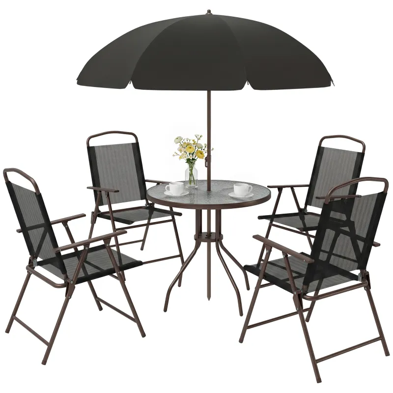 6 Piece Patio Dining Set for 4 with Umbrella, Outdoor Table and Chairs with 4 Folding Dining Chairs & Round Glass Table for Garden, Backyard and Poolside, Black and Coffee