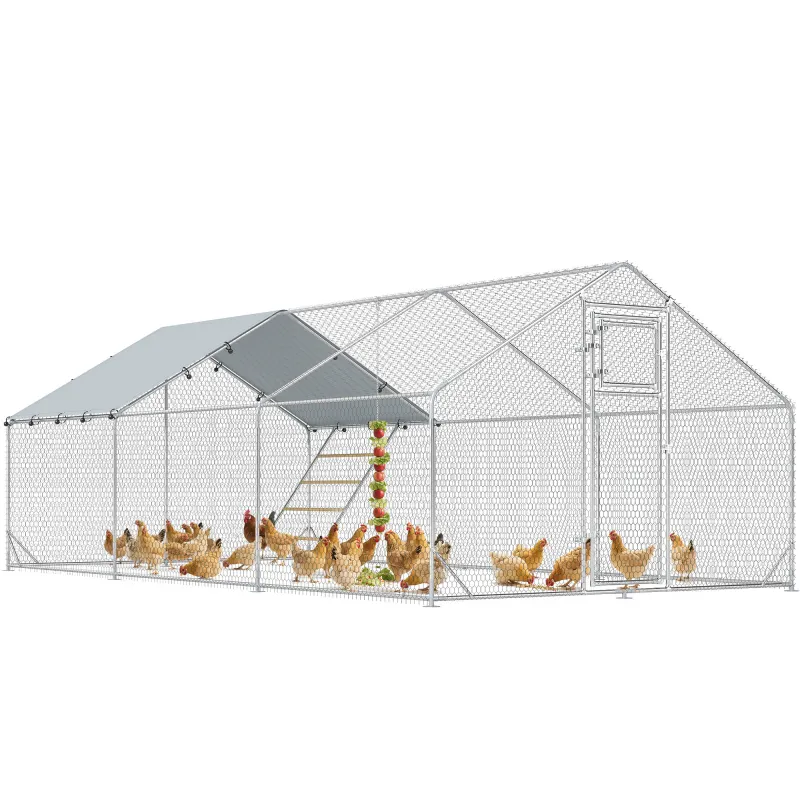 Metal Chicken Run w/ Waterproof & Anti-UV Cover, Feeding Door, Hanging Feeder, for 18-24 Chickens, 9.8' x 19.7' x 6.4'
