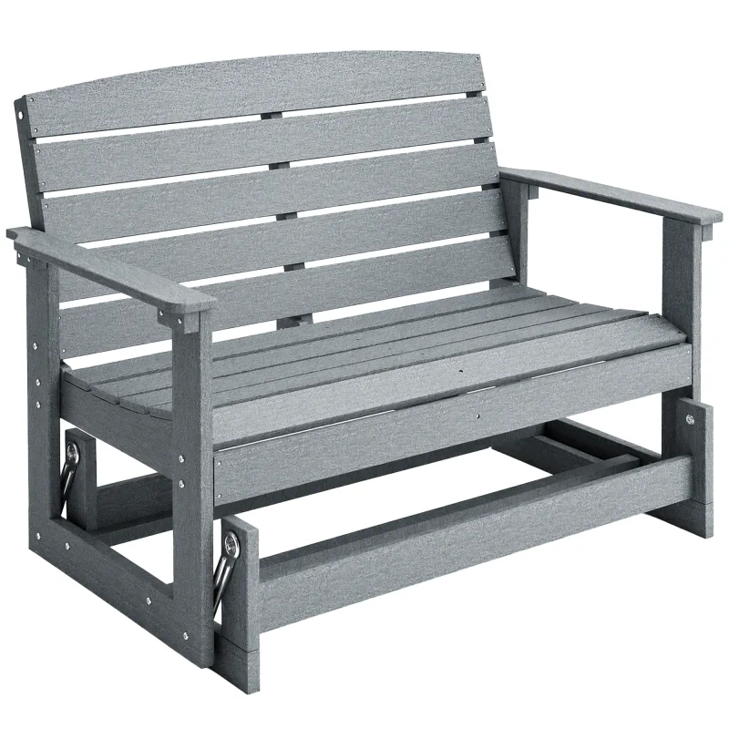 Patio Glider Bench w/ HDPE Slatted Double Rocking Chair, Light Gray