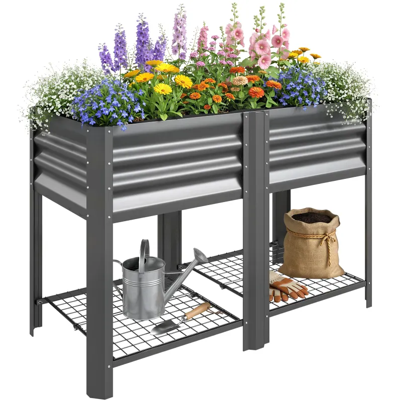 Raised Garden Bed Galvanized Steel, Elevated Planter Box with Storage Shelf, Bed Liner, 31.5" High, Dark Gray