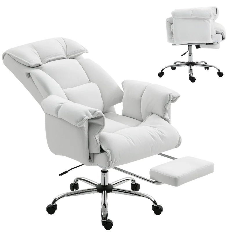 High Back Office Chair, Reclining Desk Chair with Footrest, High Resilience Foam, Rolling Wheels, Cream White