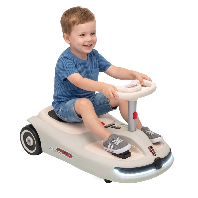 12V Electric Wiggle Car with Convertible Steering Wheel Pull Handle, 2 Speed, Music, Lights for 3-5 Years, White