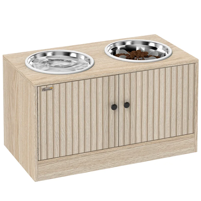 Elevated Dog Bowls with Storage Cabinet, 2 Stainless Steel Bowls, Slow Feeder, Dog Feeding Station for Large Dogs, Oak