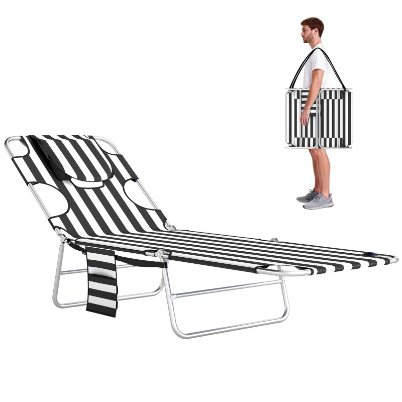 Tanning Chair with Face Hole, 5-Level Adjustable Outdoor Chaise Lounge Chair with Pillow for Beach, Pool, Black Stripe