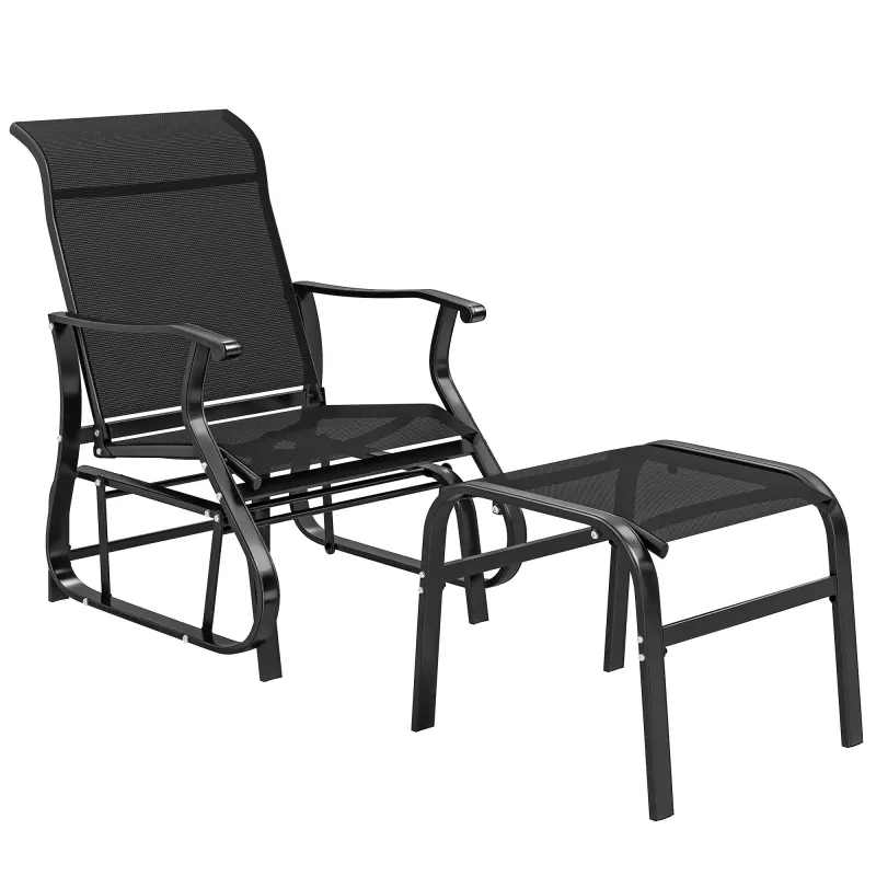 Outdoor Glider with Ottoman, Patio Glider Chair Set with High Back, Wide Seat for Porch, Garden, Backyard, Black