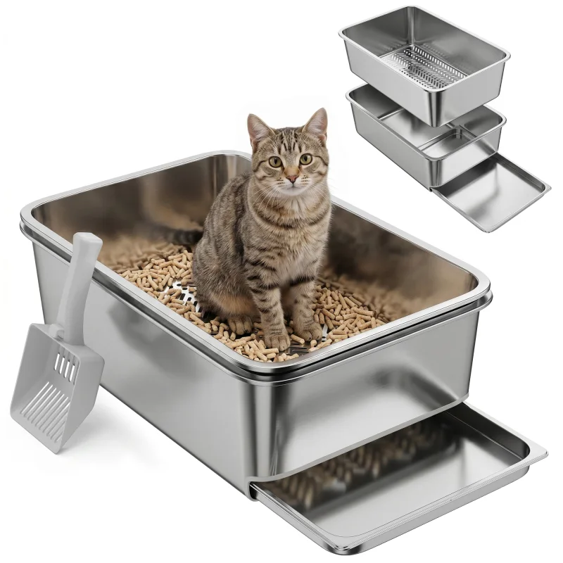Stainless Steel Litter Box, XL Sifting Cat Litter Box for Medium, Large Cat, Non-Sticky, Odour Free, Easy Clean, Silver