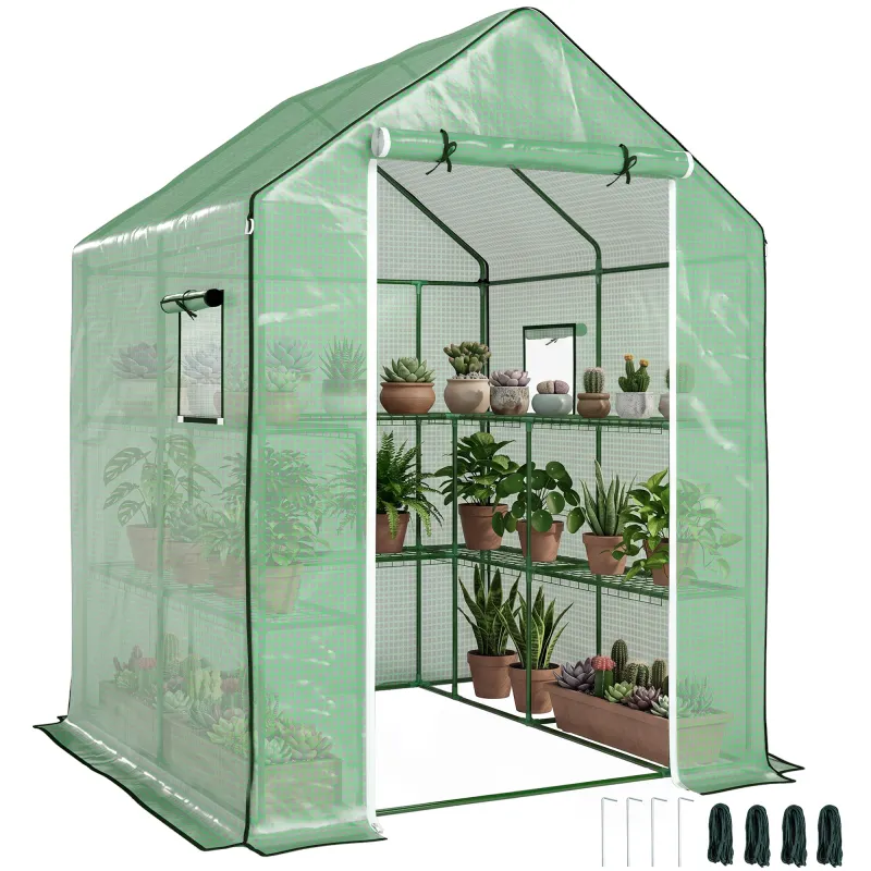 4.6' x 4.7' Portable Greenhouse, Water/UV Resistant Walk-In Small Outdoor Green House with 2 Tier U-Shaped Flower Rack Shelves, Roll Up Door & Windows, Green