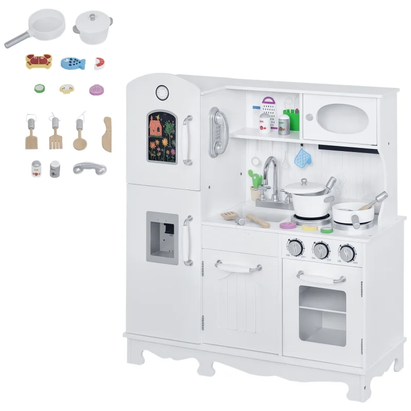 Kids Kitchen Playset with Telephone, Wooden Kitchenette for kids with Cookware, Storage Cabinet, Water Dispenser, Blackboard, Toddler Pretend Play Kitchen with Cooking Accessories for Aged 3+