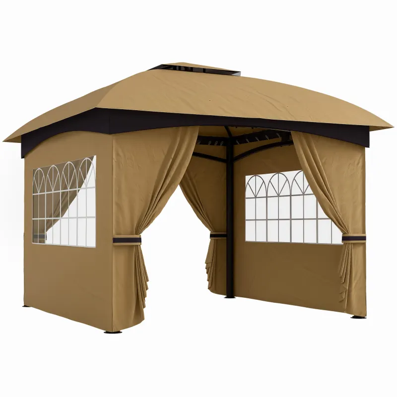 11' x 11' Outdoor Gazebo, Double Roof Patio Gazebo with Curtains, Church Windows, Galvanized Steel Frame, Beige