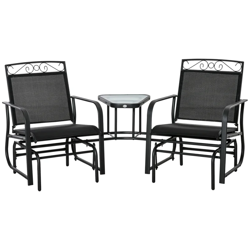 Outdoor Glider Chairs with Coffee Table, Patio 2-Seat Rocking Chair Swing with Breathable Sling for Backyard, Black