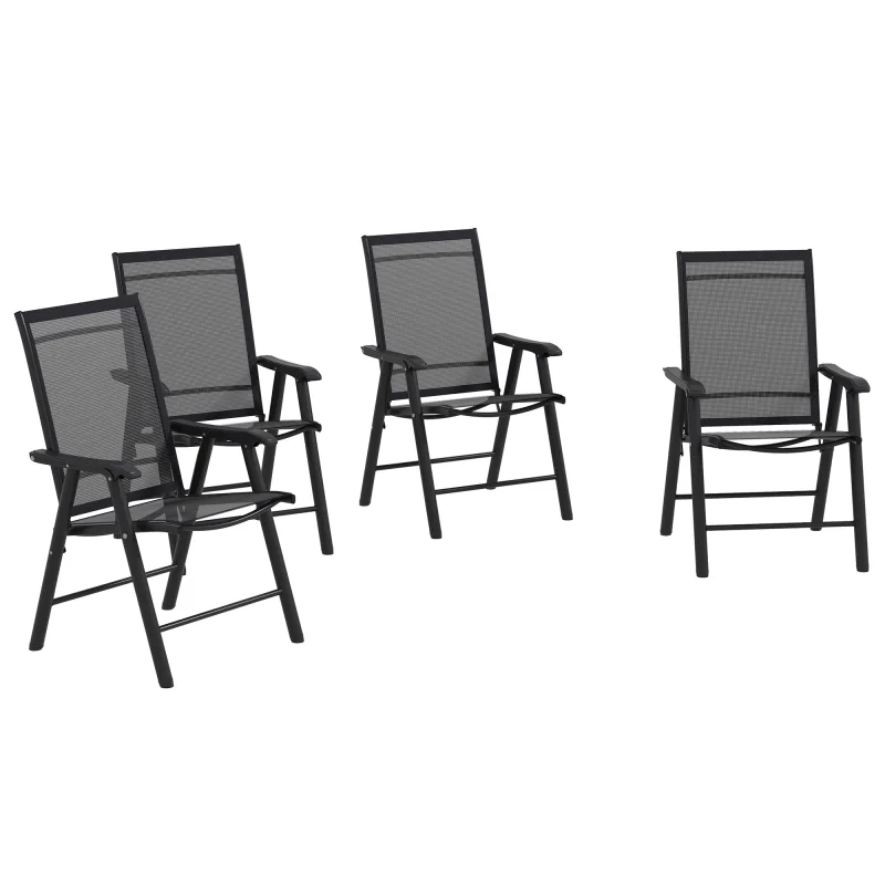 Set of 4 Outdoor Folding Chairs, Stackable Patio Dining Chairs with Armrests, Metal Frame, Black