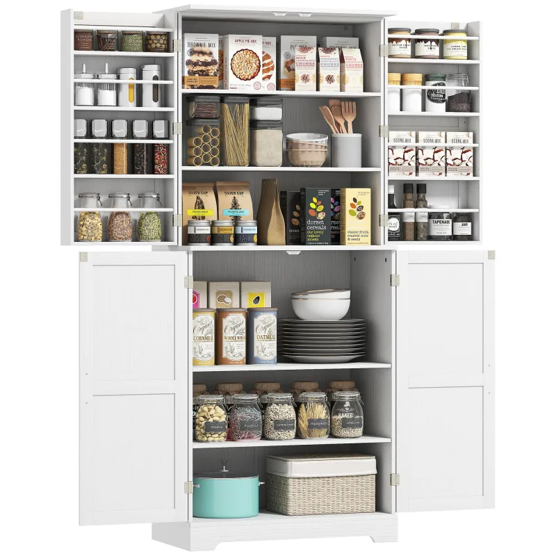 Farmhouse Kitchen Pantry, 72" Tall Pantry Cabinet with 4 Barn Doors, 4 Adjustable Shelves and 8 Door Shelves, White