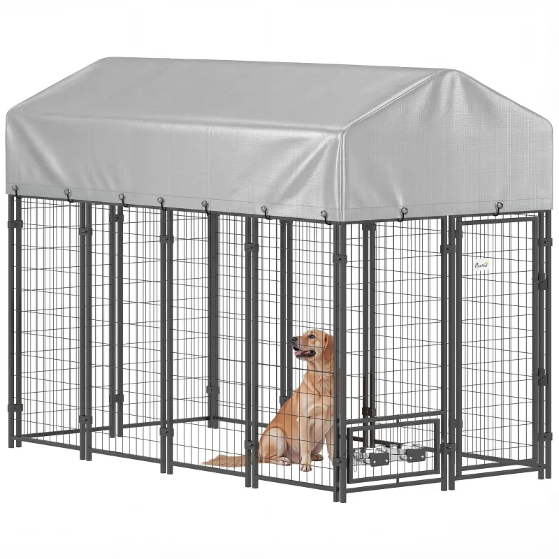 8' x 4' x 6' Outdoor Dog Kennel, Dog Kennel Outside Run with 360° Rotating Bowls, Waterproof & UV Resistant Cover