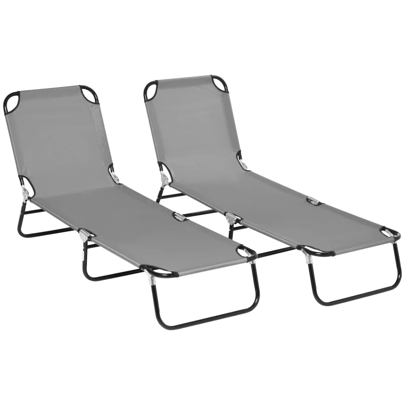 2 Pieces Pool Chaise Lounge Chairs, Folding Lounge Chairs with 5-Level Reclining Back, Steel Frame, Dark Gray