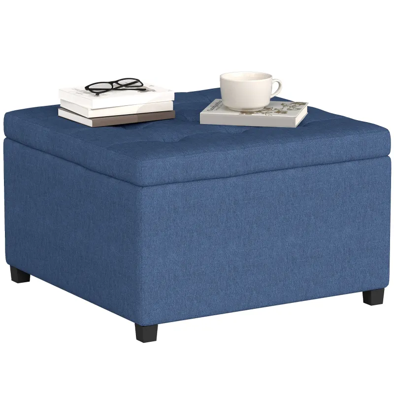 Round Storage Ottoman Bench, Button Tufted Ottoman with Flip Top for Living Room, Entryway and Bedroom, Blue