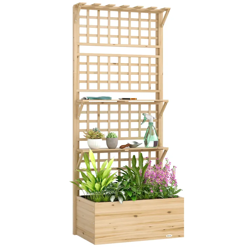 Wooden Raised Garden Bed with Trellis and Roof, Elevated Planter Box with 2 Shelves, Drainage Hole and Liner, Natural