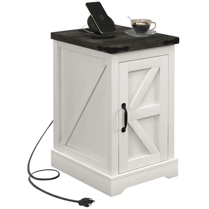 Farmhouse End Table with Storage, Side Table with Charging Station and USB Ports for Living Room, Distressed White