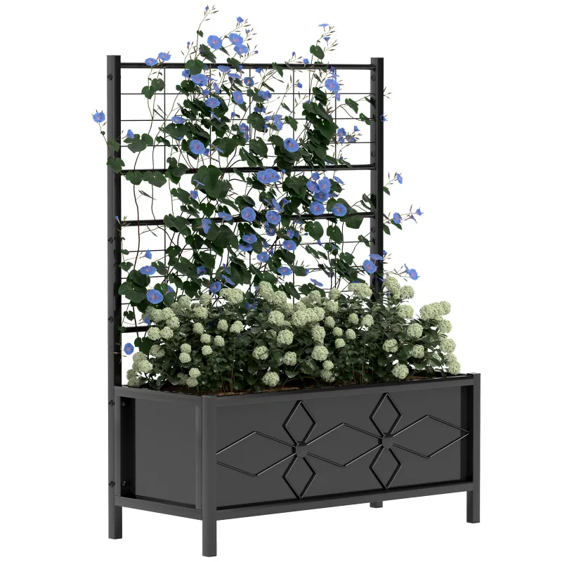Outdoor Planter Box Galvanized Raised Garden Bed with Trellis for Climbing Vines, 35.4" x 15.7" x 47.2", Black