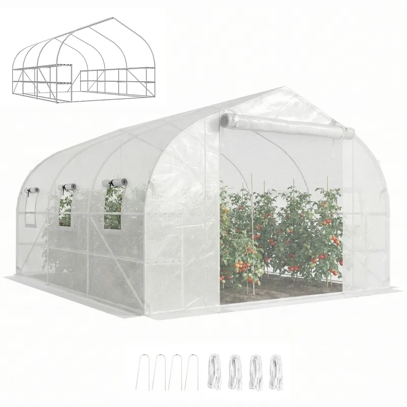 10'x11'x6' Walk-in Tunnel Greenhouse with Shelves, Mesh Door and Windows, Plant Hot House with PE Cover, White