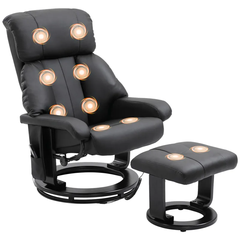Massage Recliner Chair with Ottoman, 360° Swivel Recliner and Footstool, 10-Point Vibration, Black