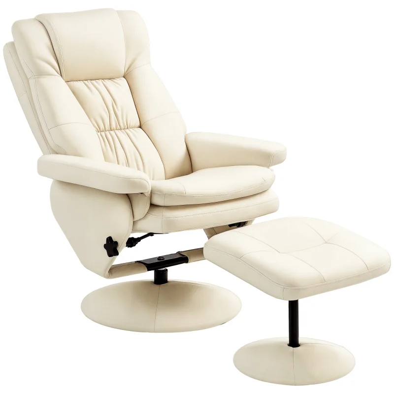 PU Leather Recliner Chair with Ottoman, Swivel Recliner and Ottoman with Round Wrapped Base for Living Room, Cream White