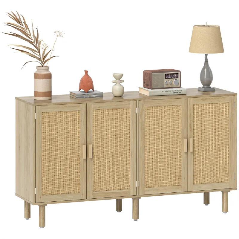 Bohemian Sideboard, 62.2" Buffet Cabinet with 4 Rattan Doors and Shelves for Living Room, Hallway, Natural