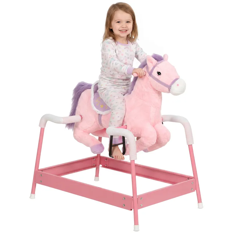 Kids Spring Rocking Horse, Ride on Horse with Neighing Sounds, Plush Animal Ride on Toy for Ages 3+ Years, Pink