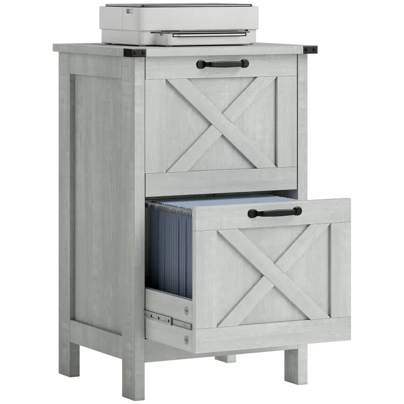 Vertical File Cabinet with 2 Drawers, Rustic Farmhouse Office Storage Cabinet for A4, Letter Size, Distressed Light Gray
