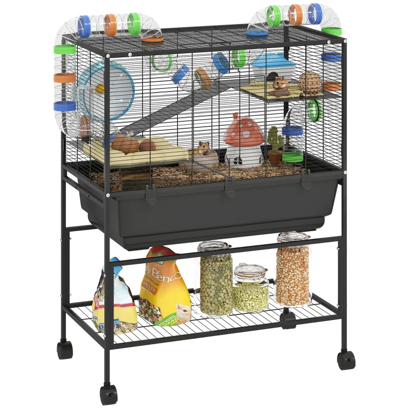 3 Tier Hamster Cage, Rolling Rat Cage with Deep Tray, Storage Shelf, Big Exercise Wheel, Hut, Tube System
