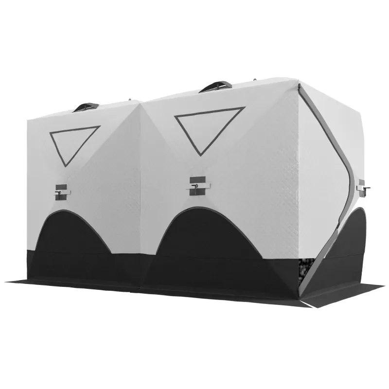 5-8 Person Ice Fishing Shelter, Pop-Up Ice Shanty Tent, Insulated Portable Tent with 2 Doors & Carrying Bag, Light Gray