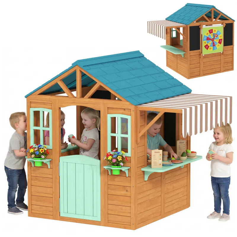 Outdoor Playhouse with Snack Bar, Half Door, Windows, Flowerpot Holders, Chalkboard, Tossing Game