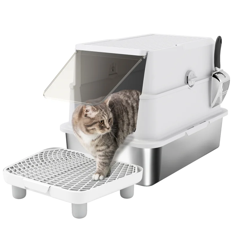 Extra Large Stainless Steel Cat Litter Box for Big Cats with Flip Cover, High-Sided Enclosure & Scoop