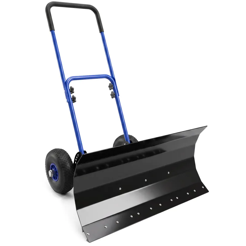 Snow Shovel with Wheels, 29" x 16.5" Metal Snow Pusher with Adjustable Handle, 5-Angle Blade for Driveway, Blue