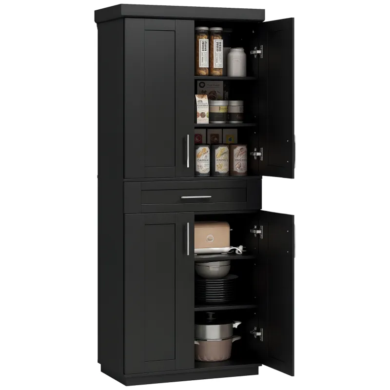 Modern Kitchen Pantry Freestanding Cabinet Cupboard with Doors and Drawer, Adjustable Shelving, Black