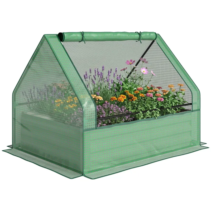 Raised Garden Bed, Outdoor Metal Planter Box with Mini Greenhouse, Green and Silver