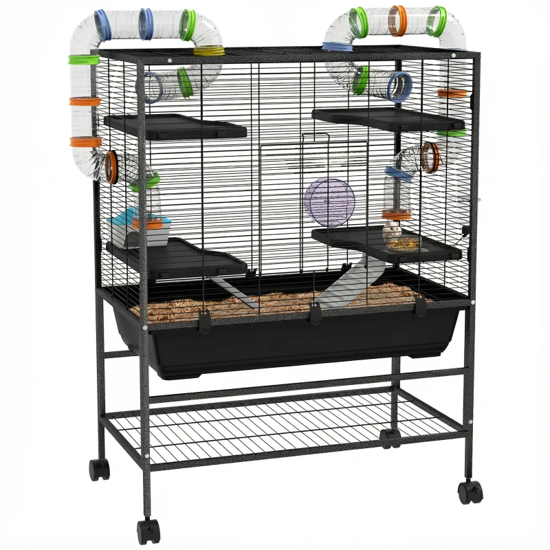 Small Animal Cage for Syrian Hamster, Gerbil Cage with Tubing System, Running Wheel, Ramps, Platforms