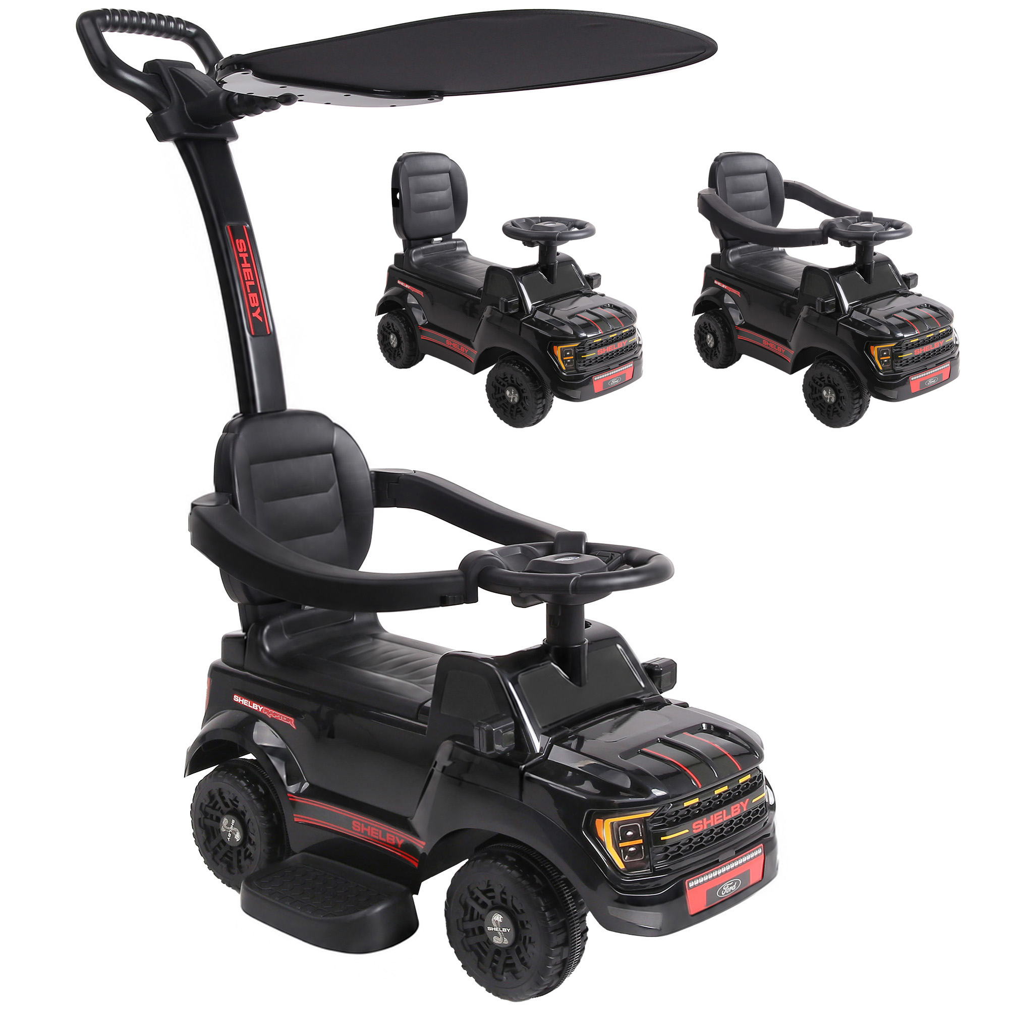3-in-1 Push Car for 1-3, Licensed FORD Shelby Sliding Walking Car with Parent Handle, Canopy, Guardrail, Storage, Black