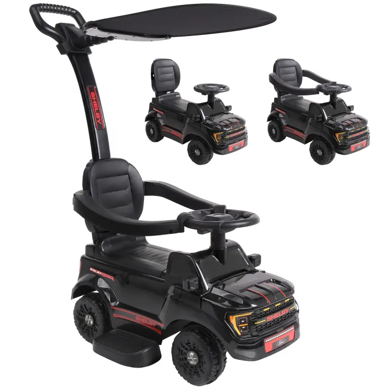 3-in-1 Push Car for 1-3, Licensed FORD Shelby Sliding Walking Car with Parent Handle, Canopy, Guardrail, Storage, Black