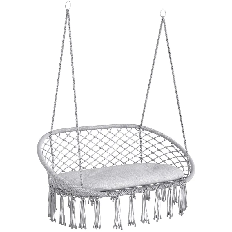 2-Person Hammock Chair Macrame Swing with Soft Cushion, Hanging Cotton Rope Chair for Indoor Outdoor Home Patio Backyard, Light Gray
