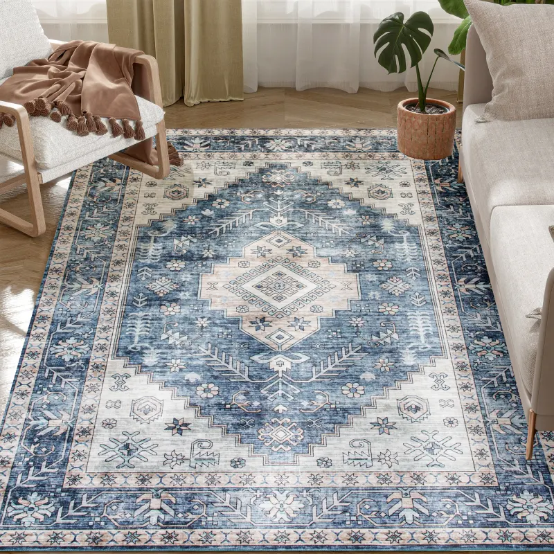 4x6 Area Rug, Vintage Washable Rug, Non-Slip Floor Carpet for Living Room, Bedroom, Dining Room, Blue