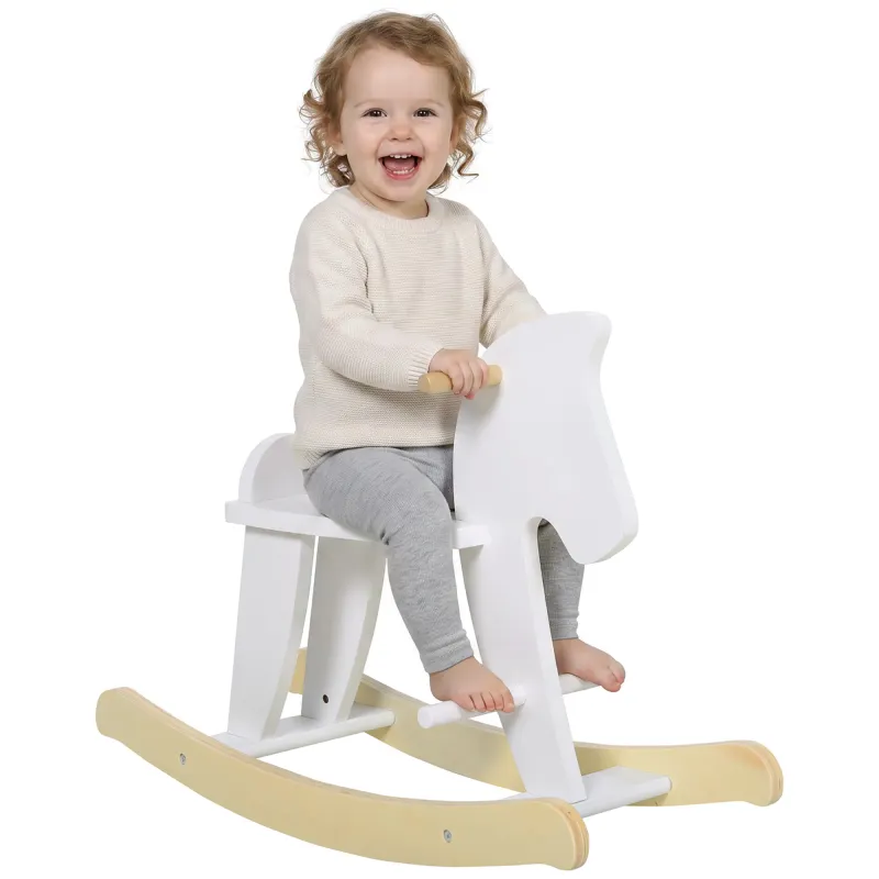 Wooden Rocking Horse Toddler Baby Ride-on Toys for Kids 1-3 Years with Classic Design & Solid Workmanship, White