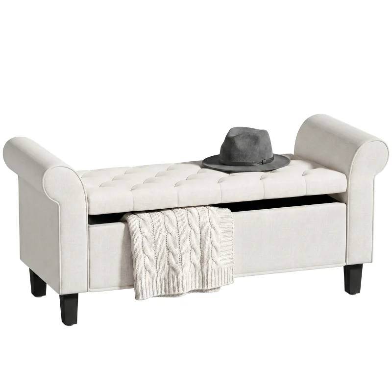 47" Storage Ottoman Bench, Tufted End of Bed Bench with Rolled Arms, Safety Hinge, Wood Legs for Bedroom, Cream White