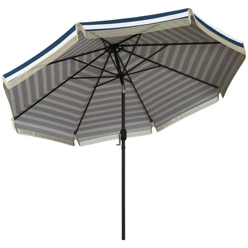 9ft Patio Umbrella Outdoor Table Umbrella w/ Tilt, Crank, Ruffled, 8 Ribs for Garden, Deck, Pool, Blue Stripe