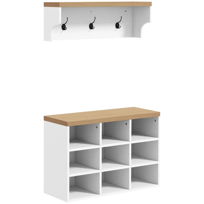 2-in-1 Coat Rack Shoe Bench Set, 5-Hook Hall Tree with Bench and Shoe Storage for 9 Pairs of Shoes for Entryway, Hallway, White