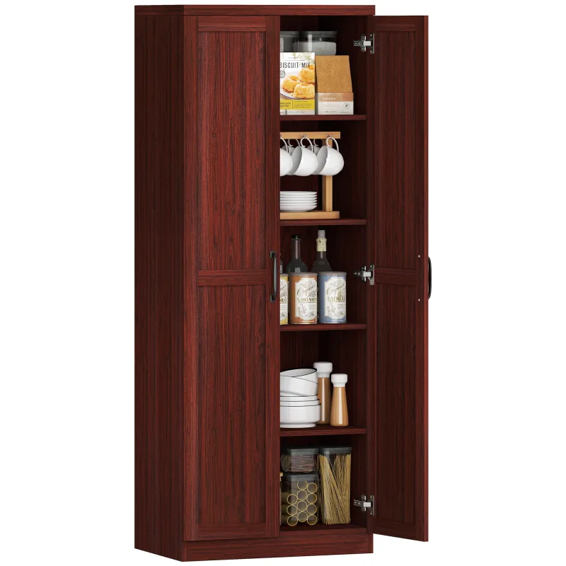 63" 2-Door Kitchen Pantry, Freestanding Storage Cabinet with 5-tier Shelving and 2 Adjustable Shelves for Dining Room, Espresso