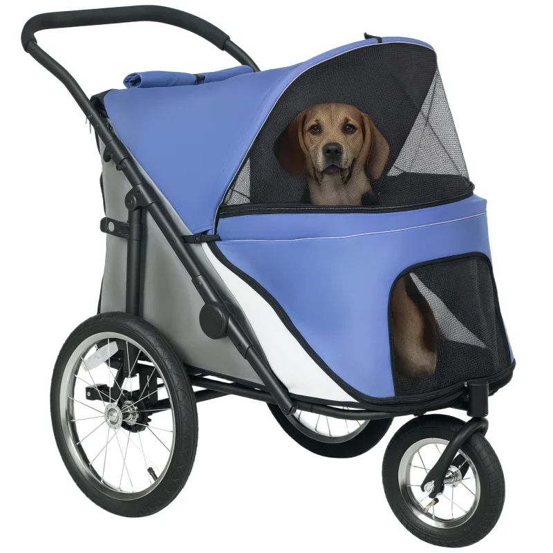 3 Wheels Dog Stroller w/ One-Hand Fold, Rubber Wheels, Storage Bag, Soft Cushion, for Small & Medium Dogs, Blue
