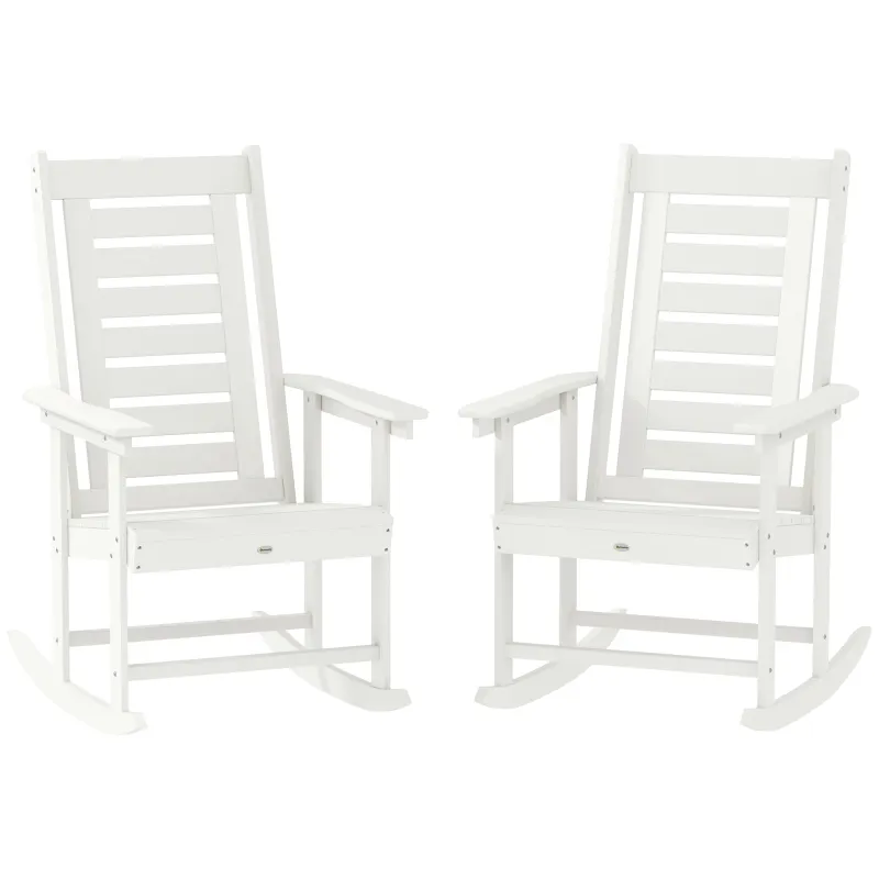 2 Pieces Outdoor Rocking Chairs, HDPE Patio Rockers with 28" High Back, Wide Armrests for Porch Backyard, White