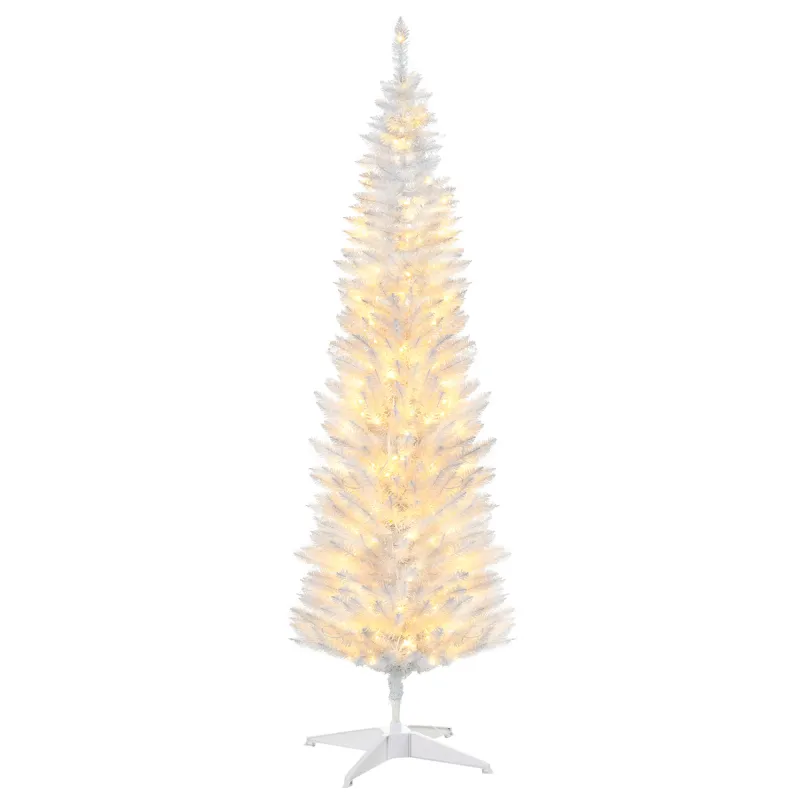 5ft Pencil Christmas Tree, Slim Artificial Christmas Tree with Realistic Branches and Warm White LED Lights, White