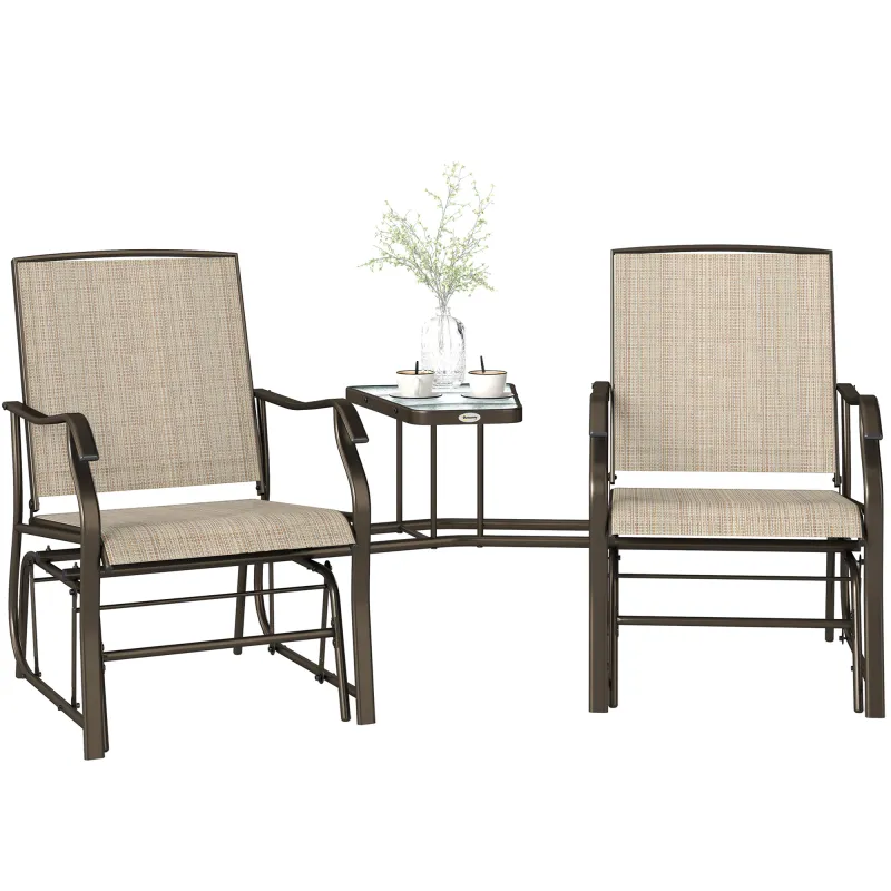 Outdoor Glider Chairs with Coffee Table, Patio 2-Seat Rocking Chair Swing Loveseat with Breathable Sling, Light Brown