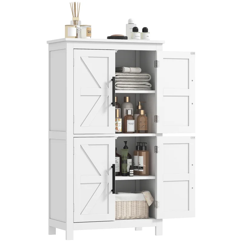 Bathroom Floor Storage Cabinet, Farmhouse Bathroom Cabinet with 4 Doors and Adjustable Shelf, White